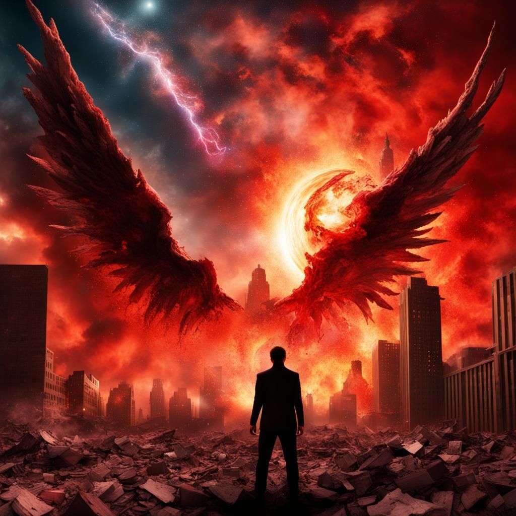 1024x1024 Demon in the sky, showing the galaxy and a man looking at the apocalypse and the end of the world. Fire, destruction