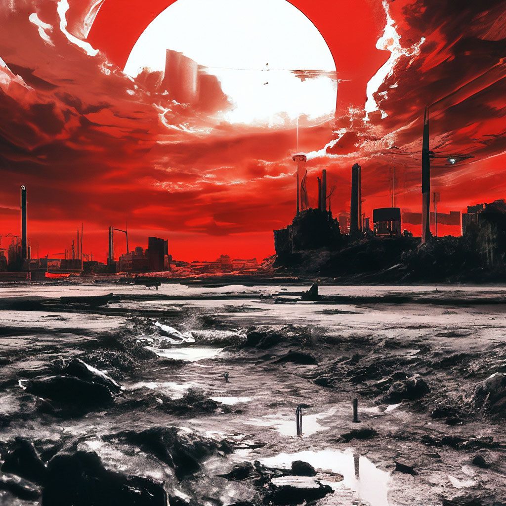 1024x1024 Drawing. landscape. apocalypse. dark red sky with a white sun. ebony. black