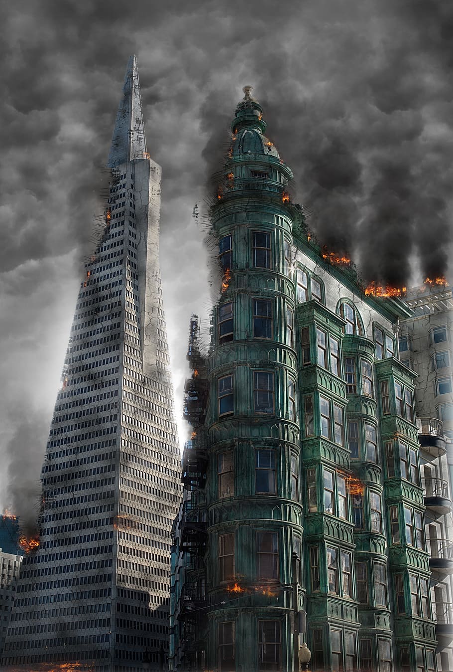 910x1348 destroyed, buildings, gray, sky illustration, armageddon, destruction, apocalypse, disaster