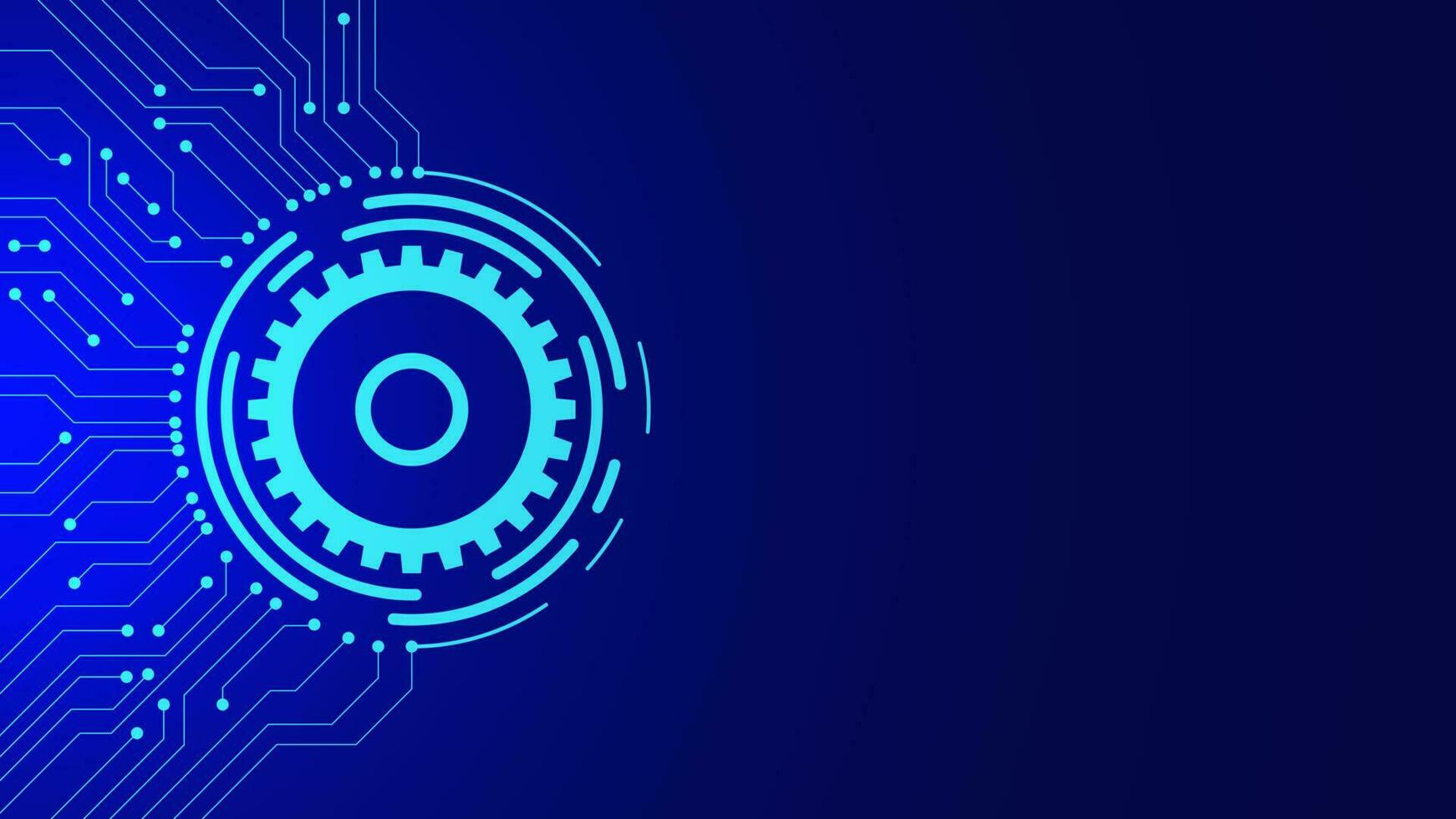 1742x980 Digital technology and engineering concept with gears and electronic circuit board on dark blue background. Vector illustration