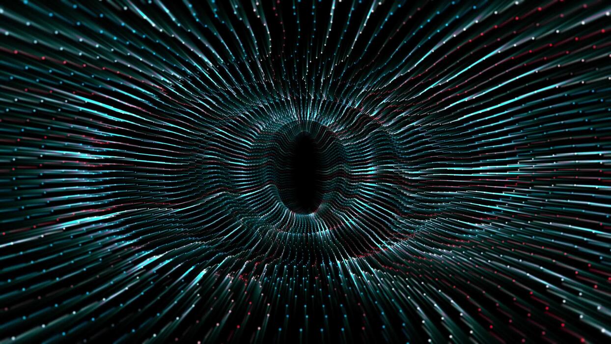 1244x700 Abstract wavy tunnel made of colorful shiny particles on a dark background. Futuristic animation for digital engineering, computer technologies, internet connections and science fiction. 4k, 60 fps