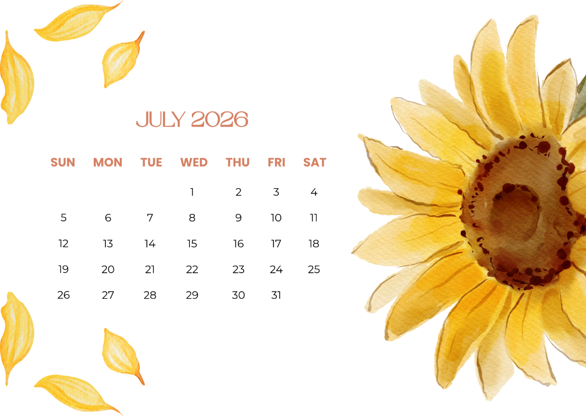 1200x851 Free Sunflower July 2026 Calendar Template to Edit Online