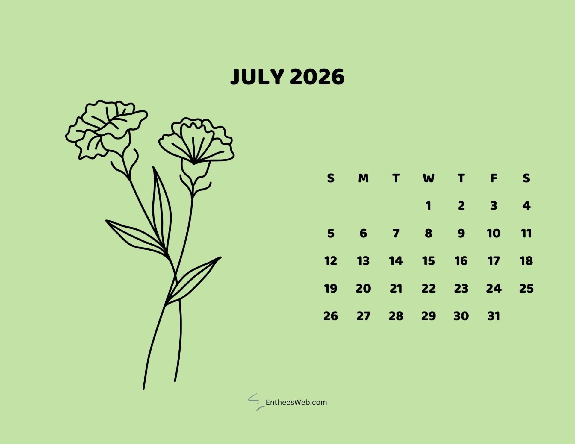 1920x1483 July 2026 Calendar Printables