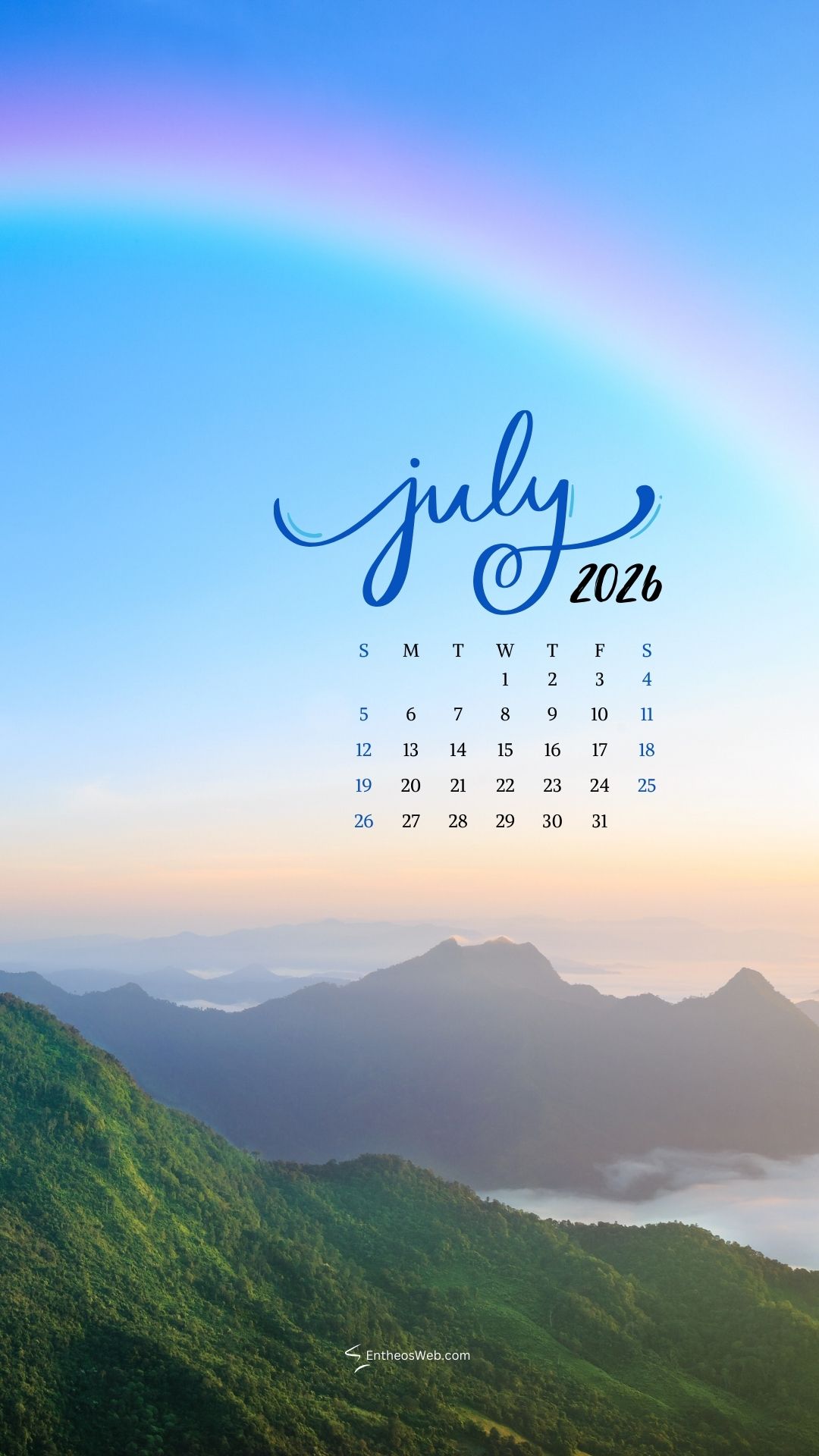 1080x1920 July 2026 Phone Wallpaper Calendar