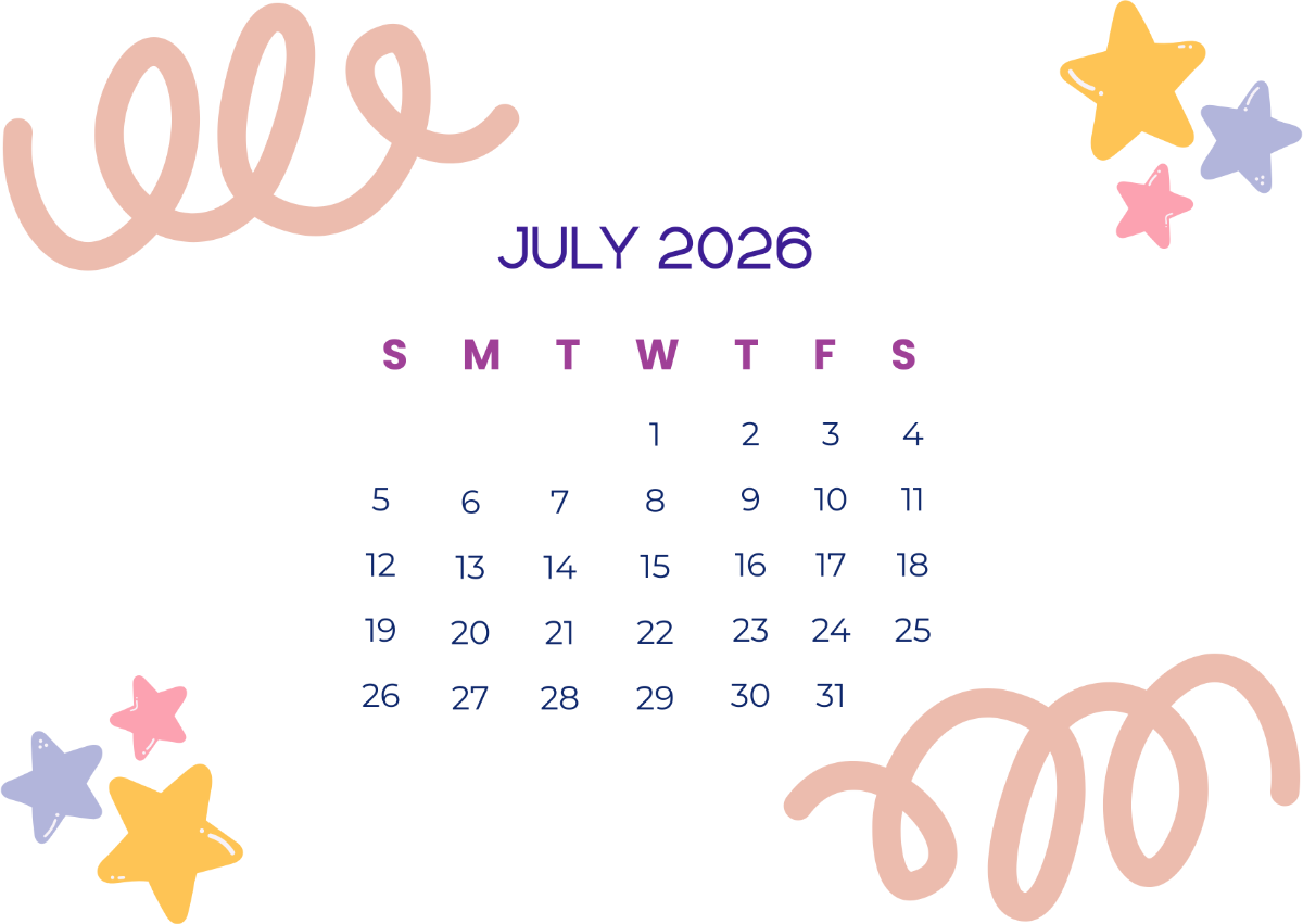 1200x851 Free Cute July 2026 Calendar Template to Edit Online