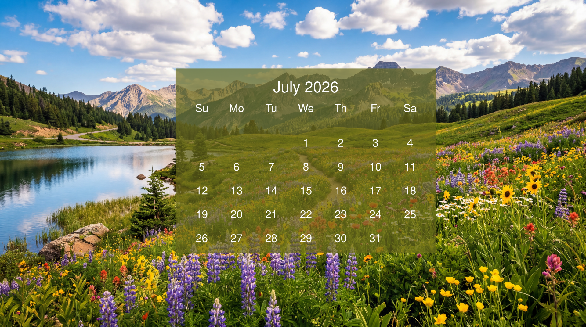1920x1072 July 2026 5K Ultra HD Calendar: Alpine Wildflower Wallpaper