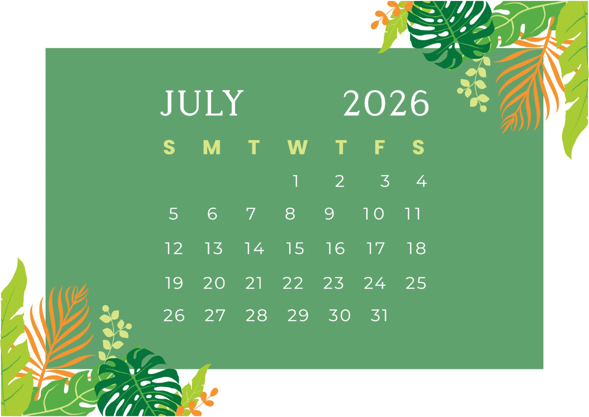 1200x851 Free Tropical July 2026 Calendar Template to Edit Online