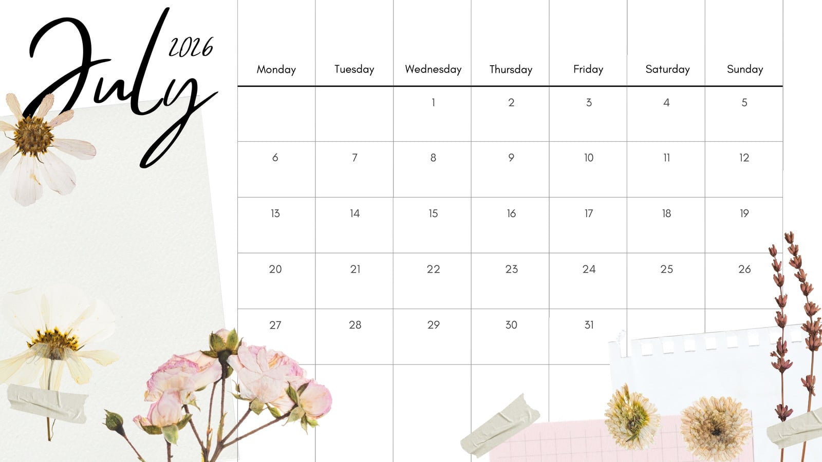 1600x900 printable, customizable monthly calendar templates