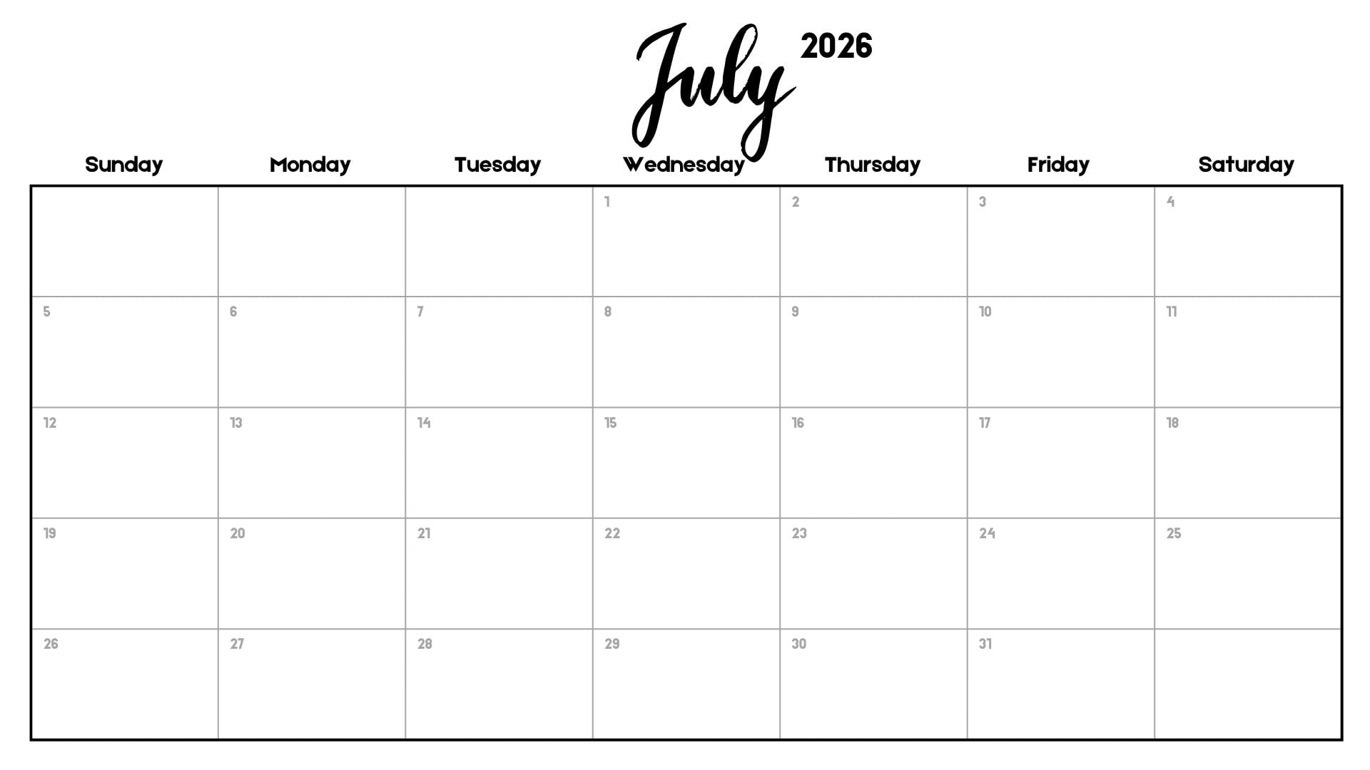 1920x1080 FREE Minimalist July 2026 Calendar Printable (PDF Download)