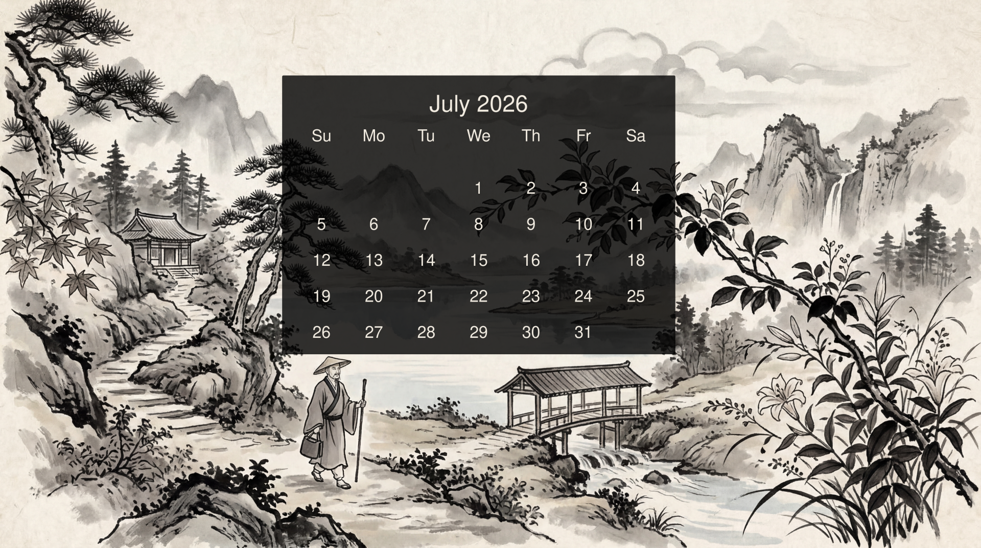 1920x1072 July 2026 Ultra HD Calendar Wallpaper: Serene Ink Landscape