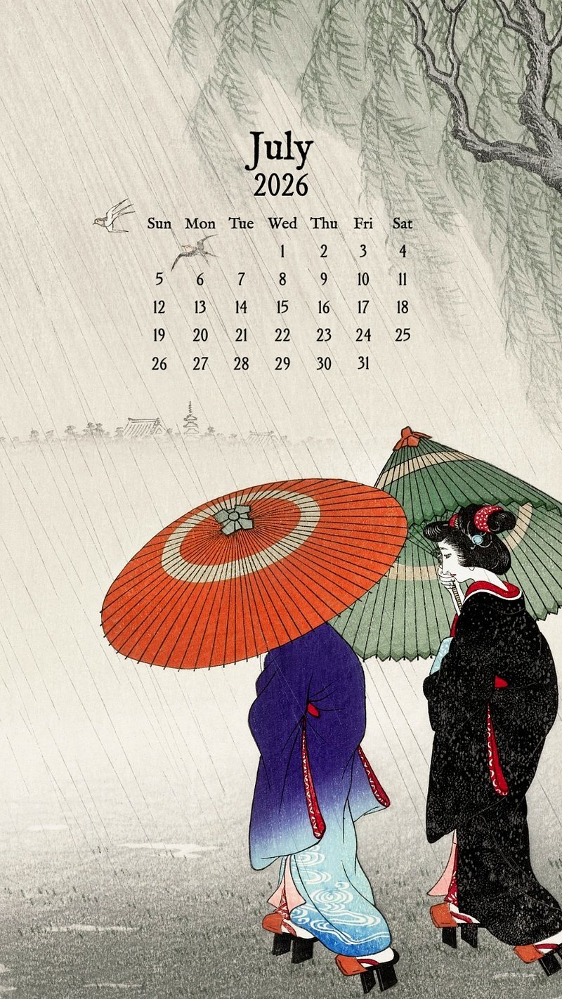 800x1422 July 2026 calendar mobile wallpaper