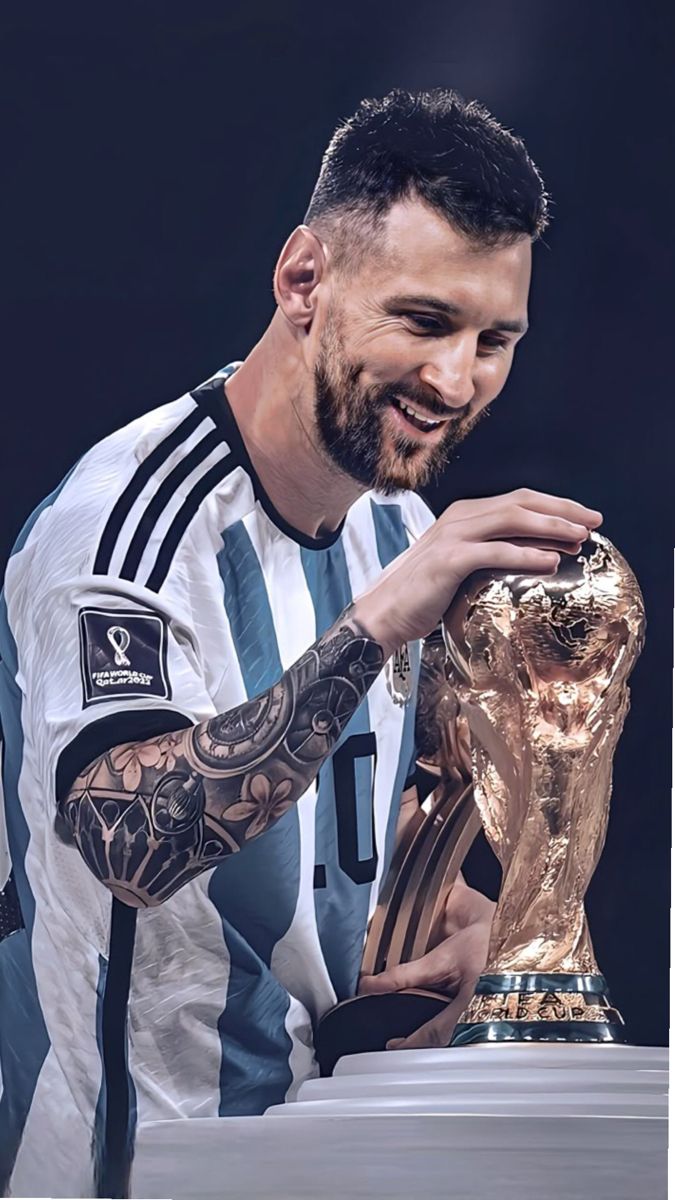 675x1200 Messi kissing world cup trophy tattoo. Lionel messi with world cup, Leo messi HD wallpaper