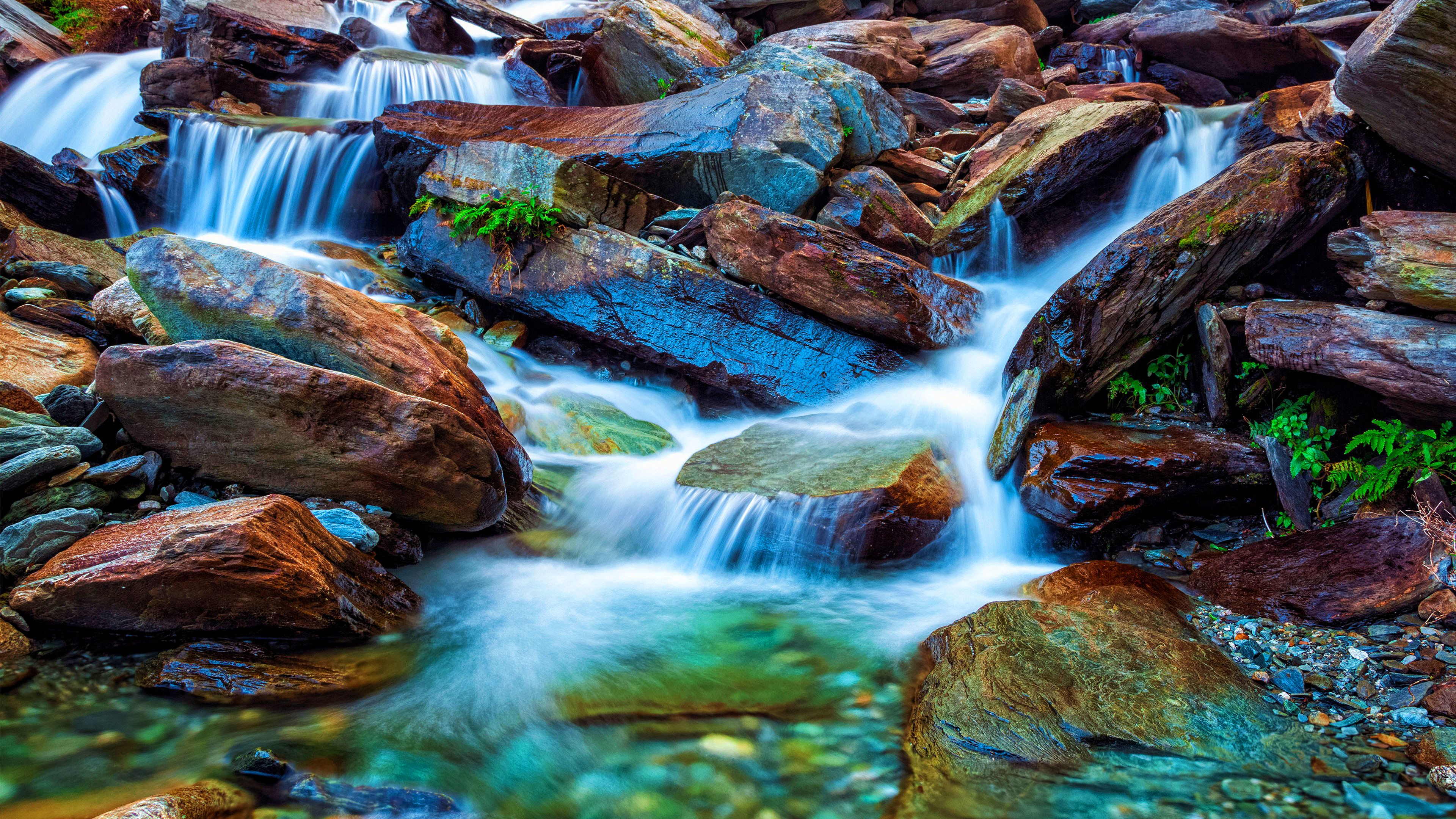 3840x2160 Waterfalls Stones Rocks Water Stream Scenery 4K HD Nature Wallpaper
