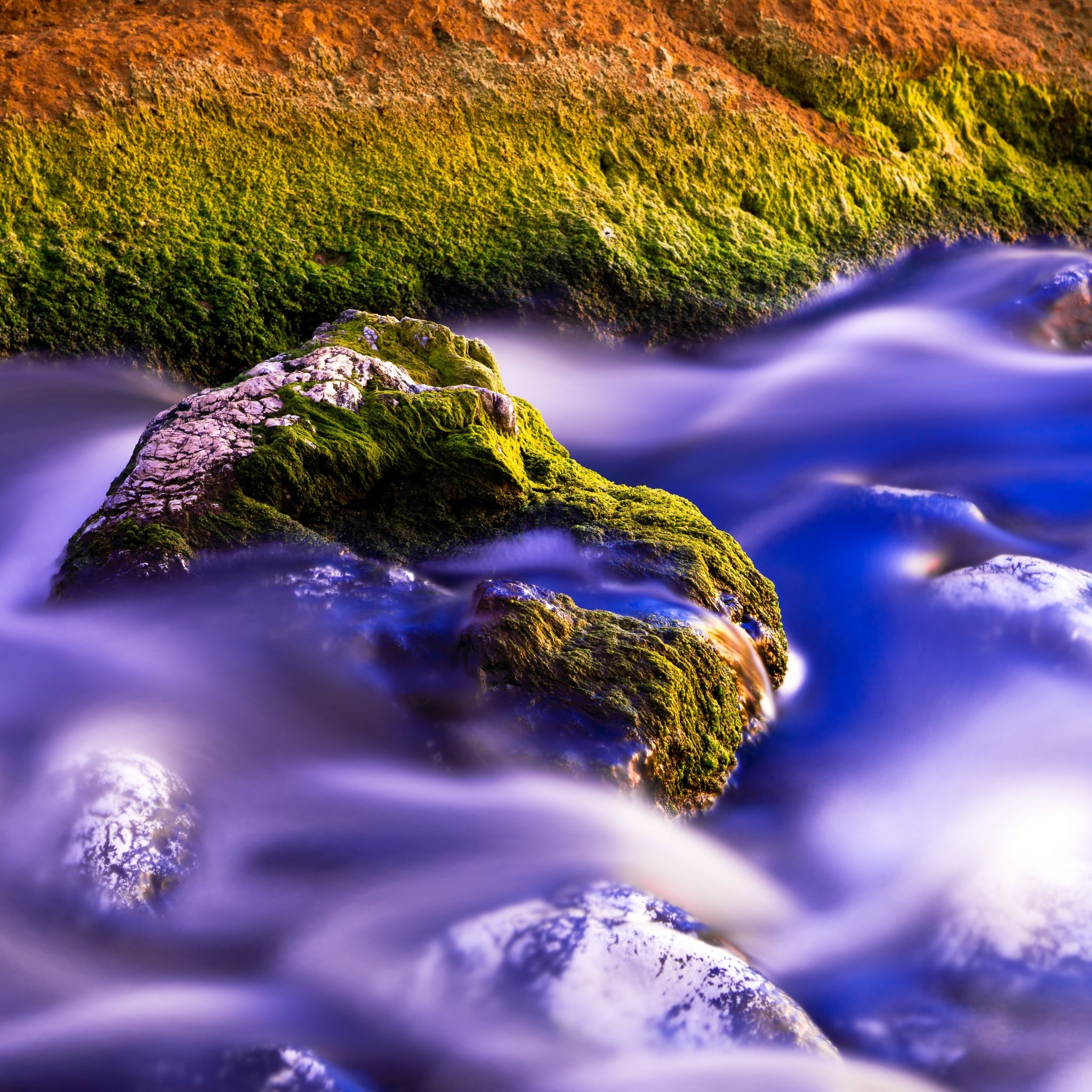 2048x2048 Green Moss Wallpaper 4K, Water Stream, Long exposure, Rock