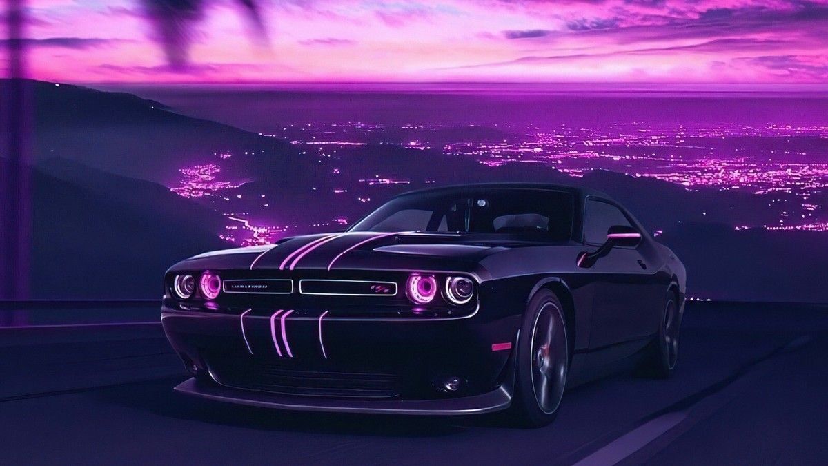 1200x675 Black Dodge Challenger City View Purple Sky. POSTER 24 X 36 INCH