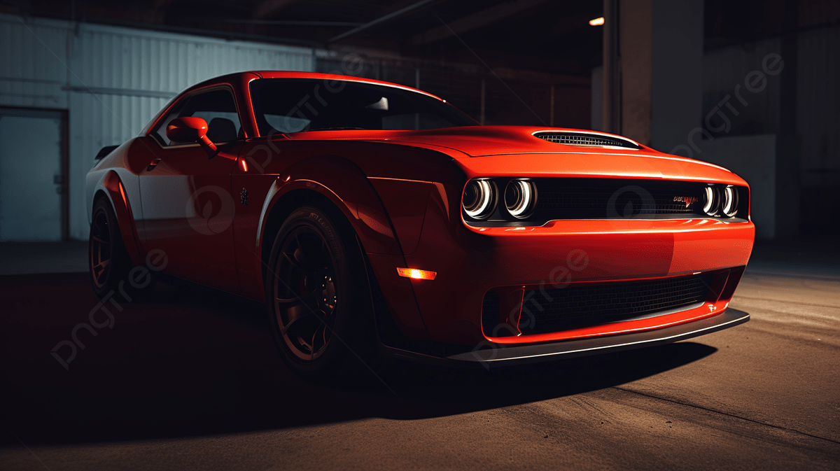 1200x673 The New 2020 Dodge Challenger In Red Is In A Dark Garage Photo And Picture For Free Download
