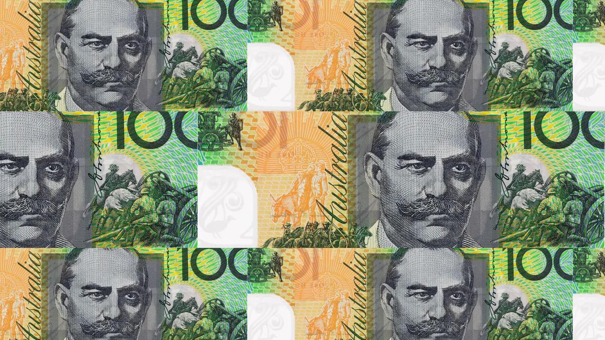1244x700 Australian dollar banknotes sliding animation with realistic camera angle. Money falling down animation on Green screen