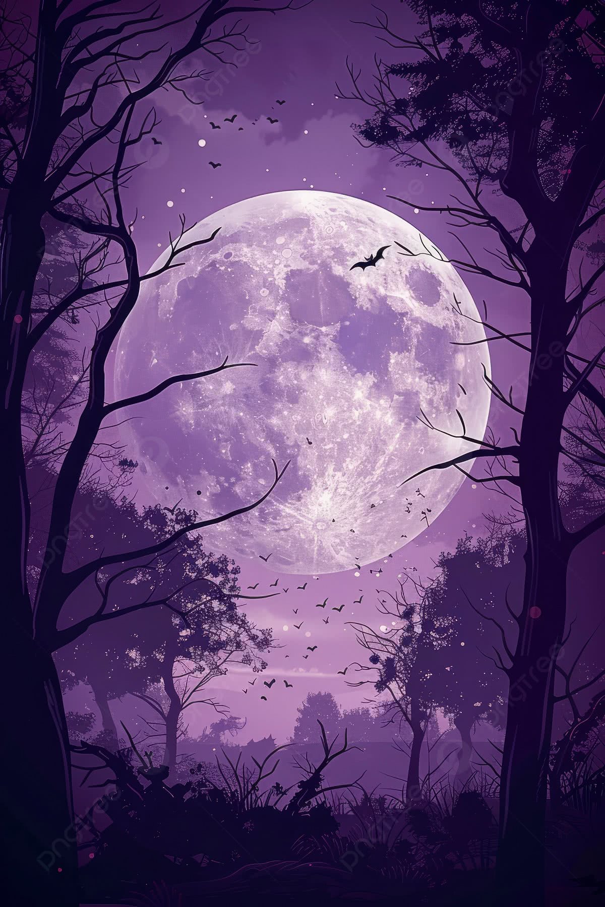 1200x1800 A Purple Moon Is In The Sky Above Forest Surrounded By Few Bats Flying Background Wallpaper Image For Free Download