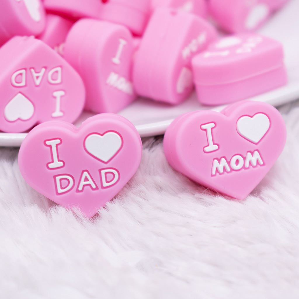 1024x1024 I Love Mom / Dad Pink Heart Silicone Focal Bead Accessory