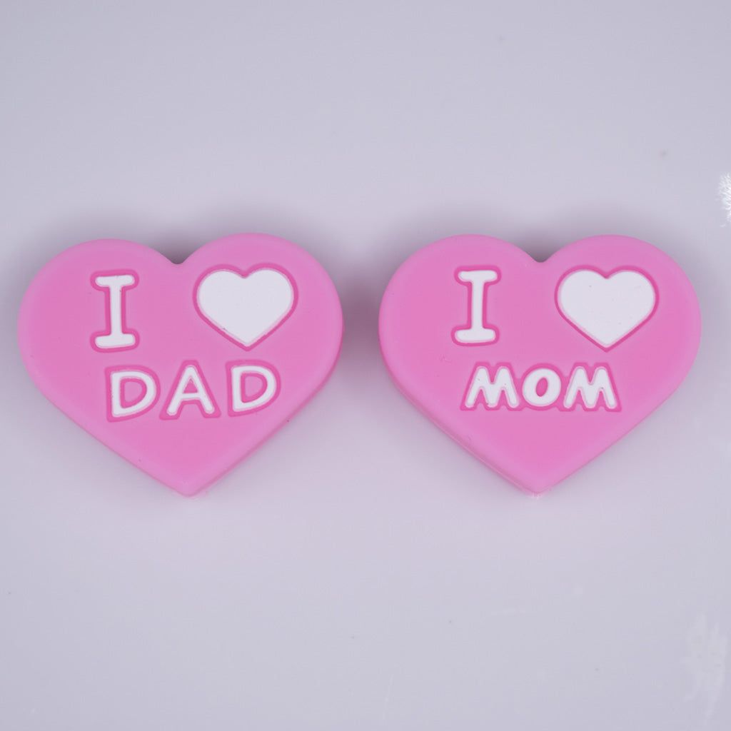 1024x1024 I Love Mom / Dad Pink Heart Silicone Focal Bead Accessory. The BumbleBead Company