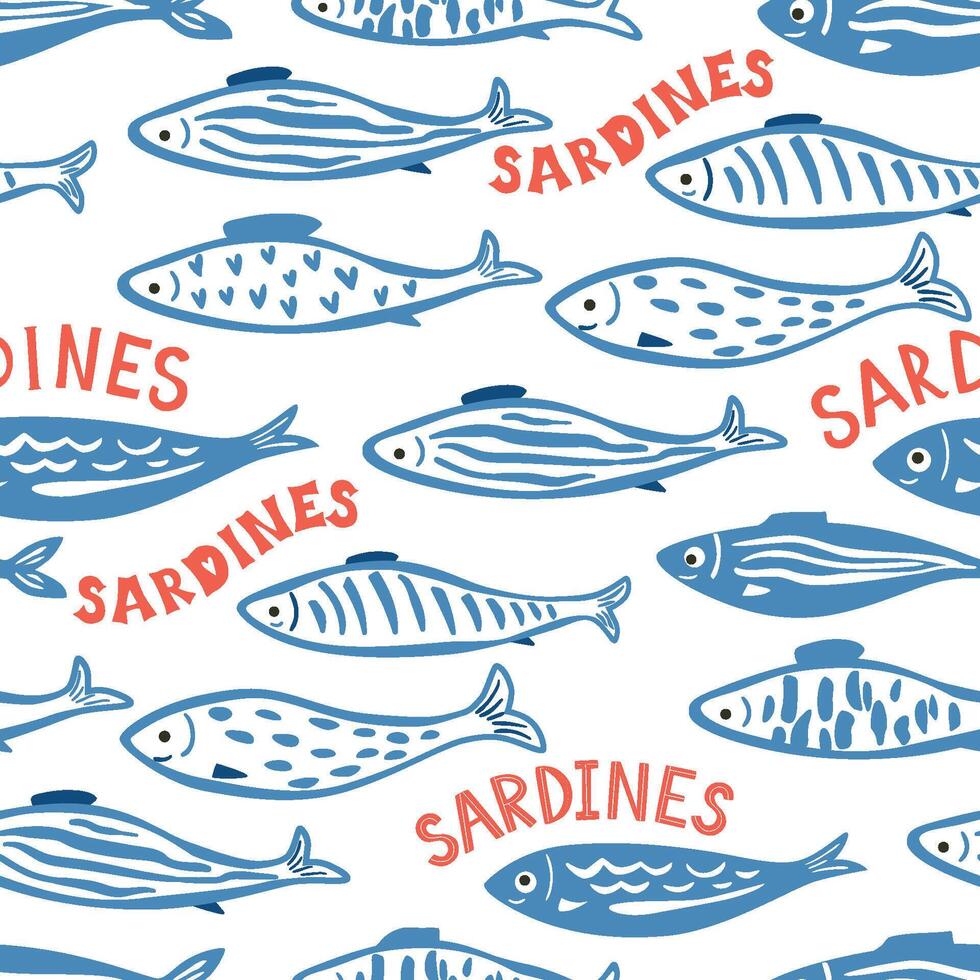980x980 Sardine fish and text seamless pattern. Hand drawn cute Mediterranean seafood wallpaper, funny mackerel, anchovy print, repeat background. Blue textile design, wrapping paper, fabric