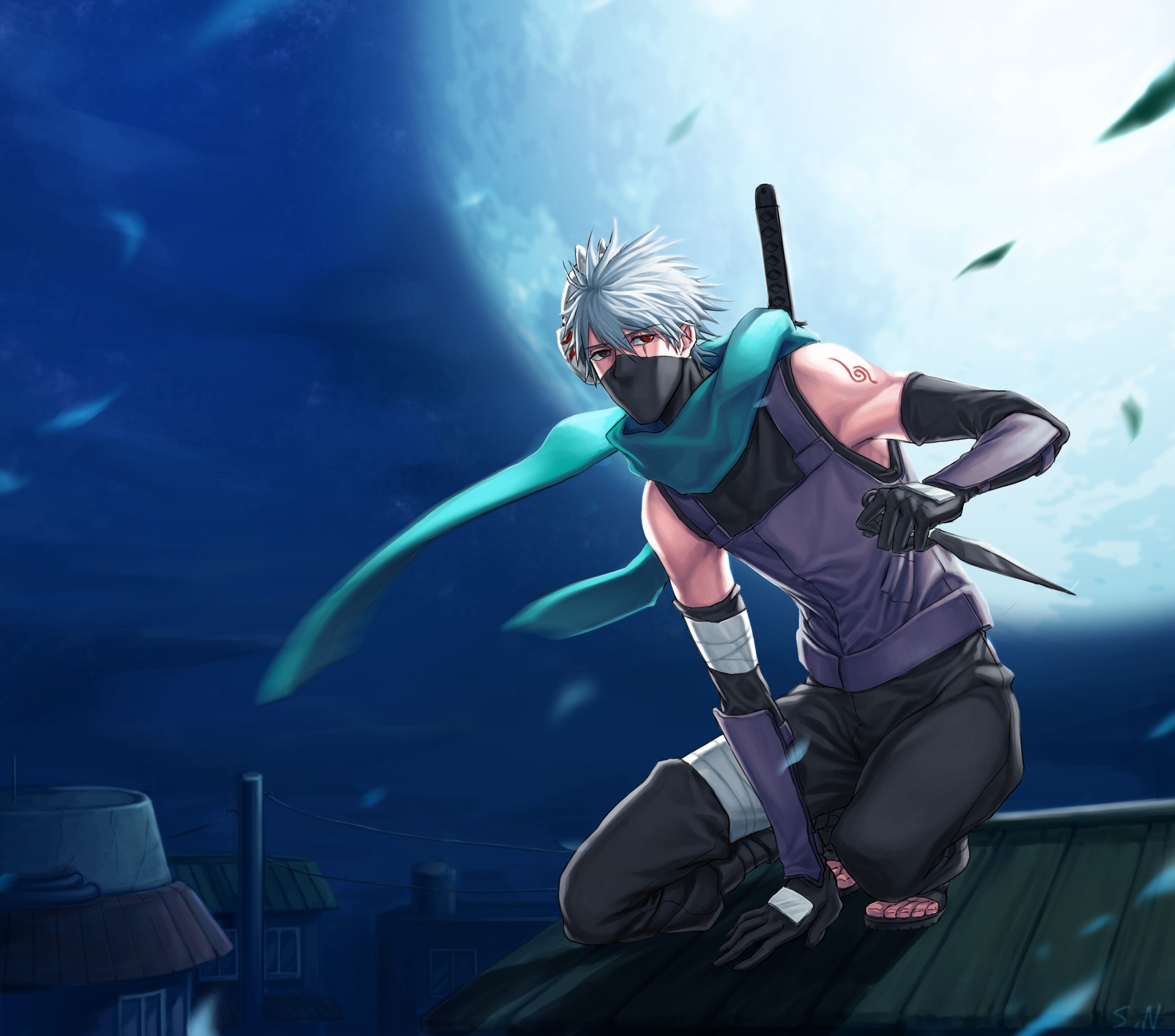2953x2604 Wallpaper roof, night, the moon, foliage, katana, Naruto, art, sharingan for mobile and desktop, section прочее, resolution 2953x2604