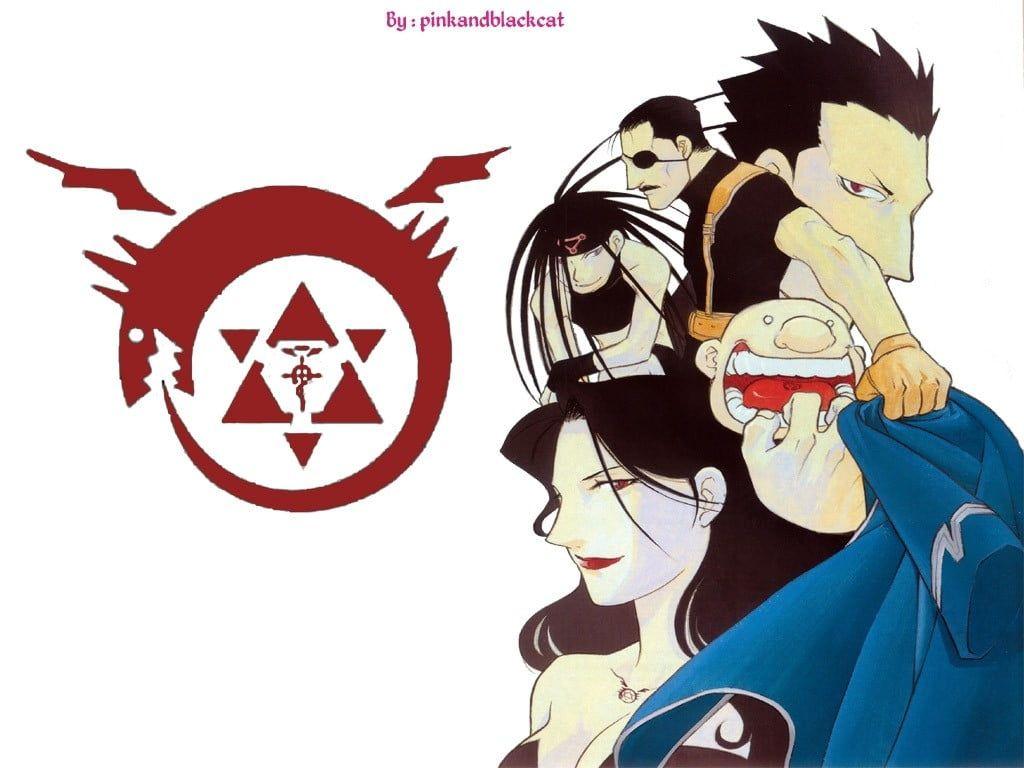 1024x768 White and red floral textile, Full Metal Alchemist, Lust, Wrath