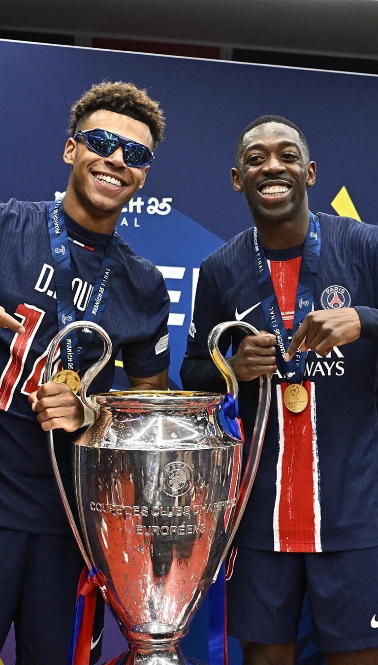 768x1350 UEFA Champions League PSG Stars Dembélé & Doué Phone Wallpaper