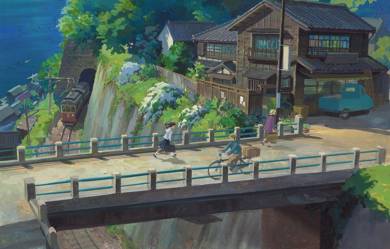 1332x850 Wallpaper sea, summer, bridge, people, rails, train, home, village