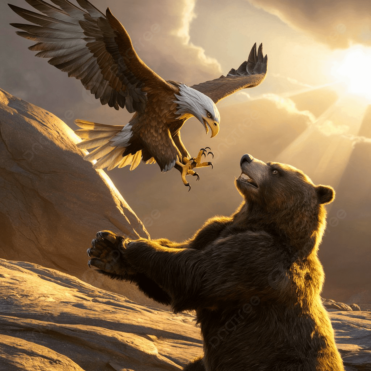 1200x1200 A Stunning Cinematic Illustration Of An Eagle Soaring Majestically Above Mighty Bear Both Rendered In 3D, Eagle, Bear, Rocks Background Image And Wallpaper for Free Download