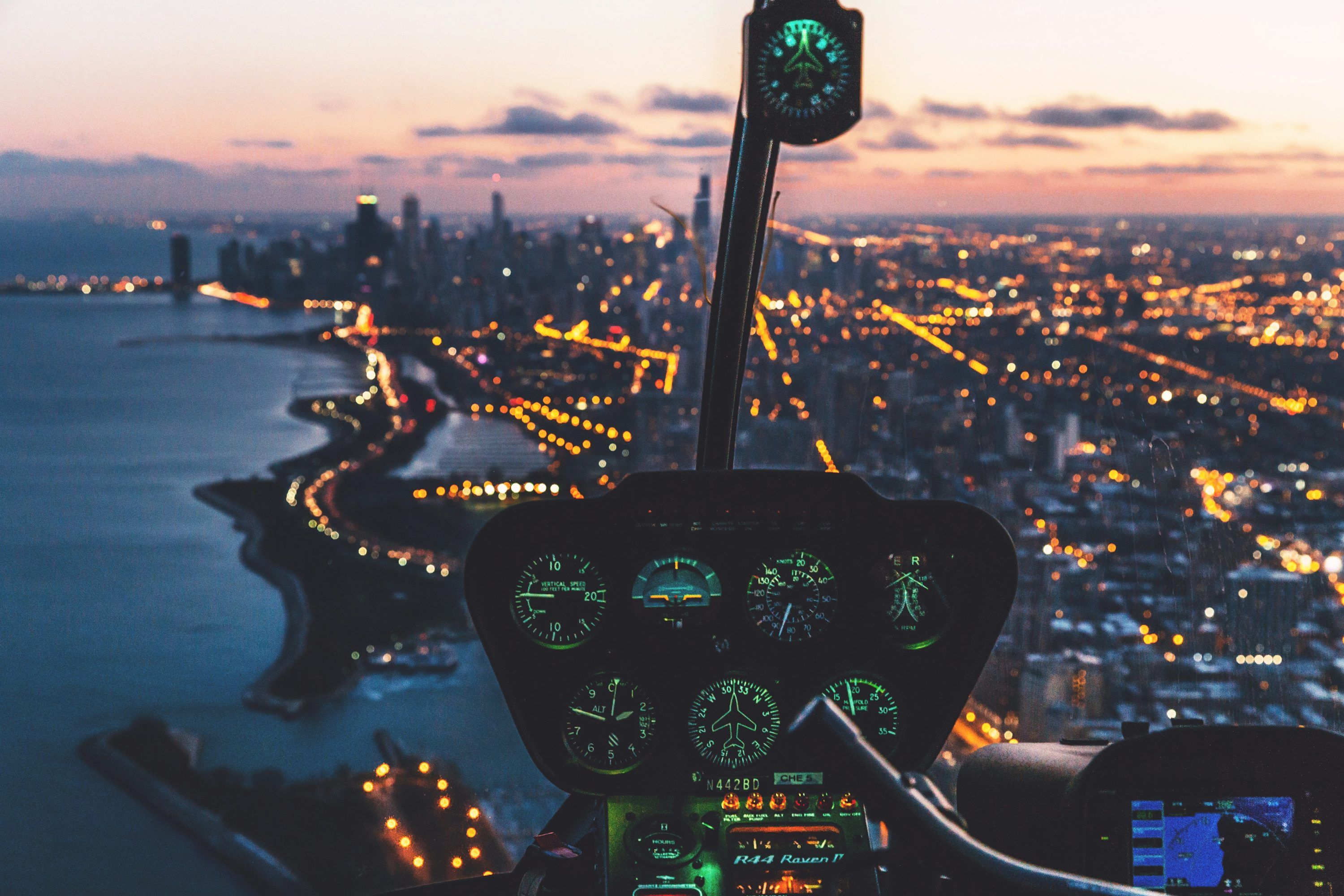 3000x2000 Aerial view photography of helicopter cockpit and cityscape