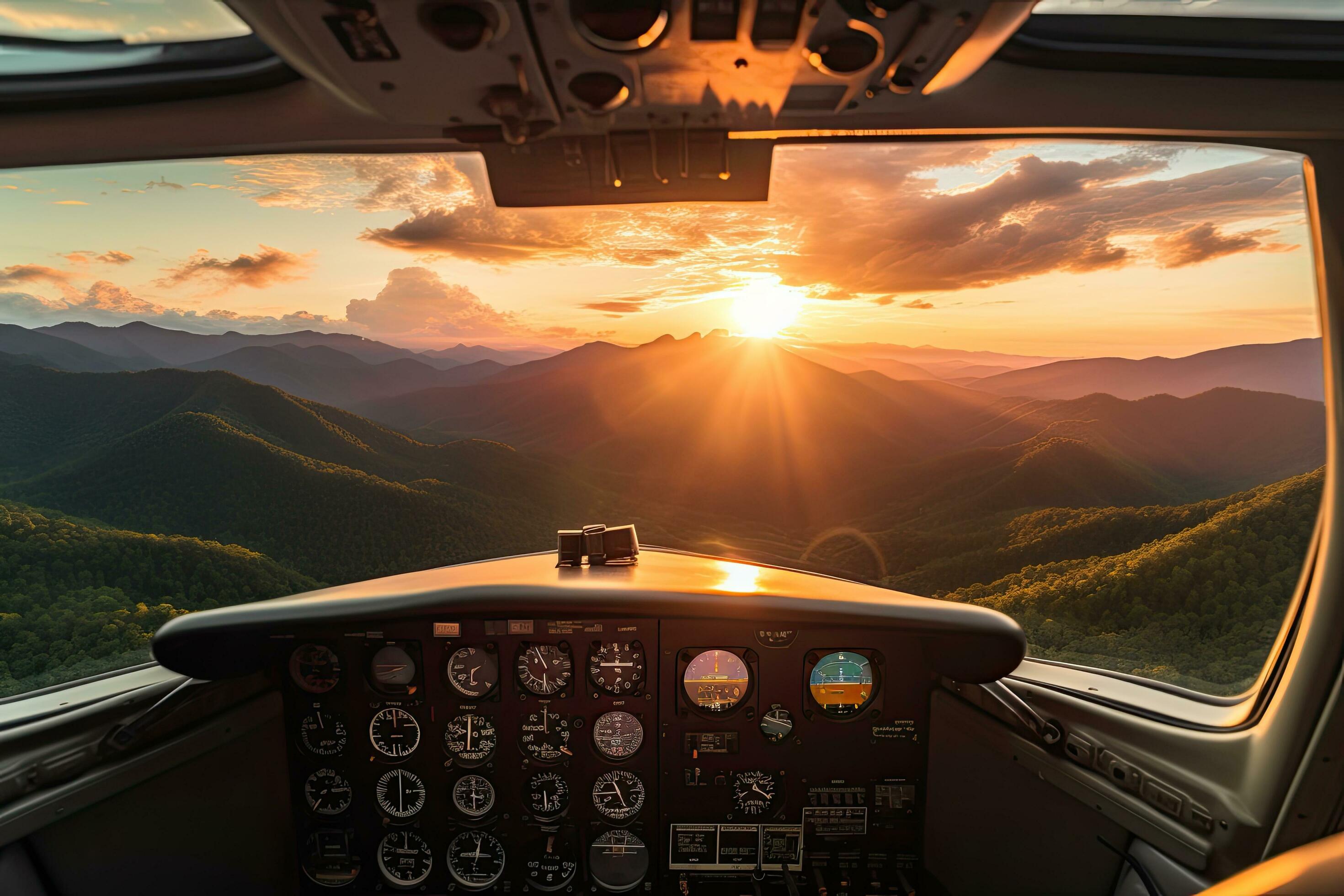 2940x1960 View from the cockpit of a helicopter during sunrise in the mountains. sunset view over the Blue Ridge Mountains from the cockpit of a private aircraft. Sky with clouds. Sky background, AI