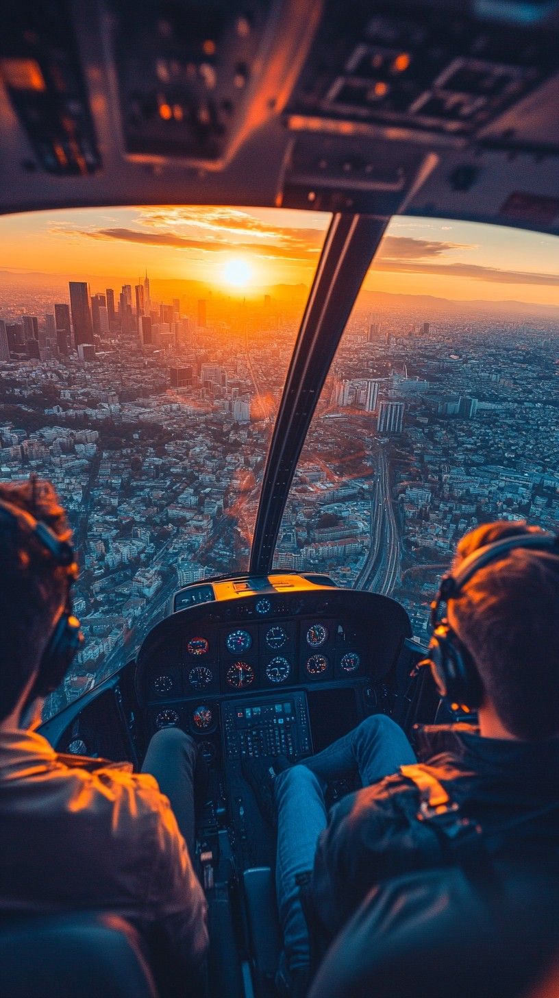 816x1456 Free Helicopter Sunset Flight Image, Sunset, Cityscape