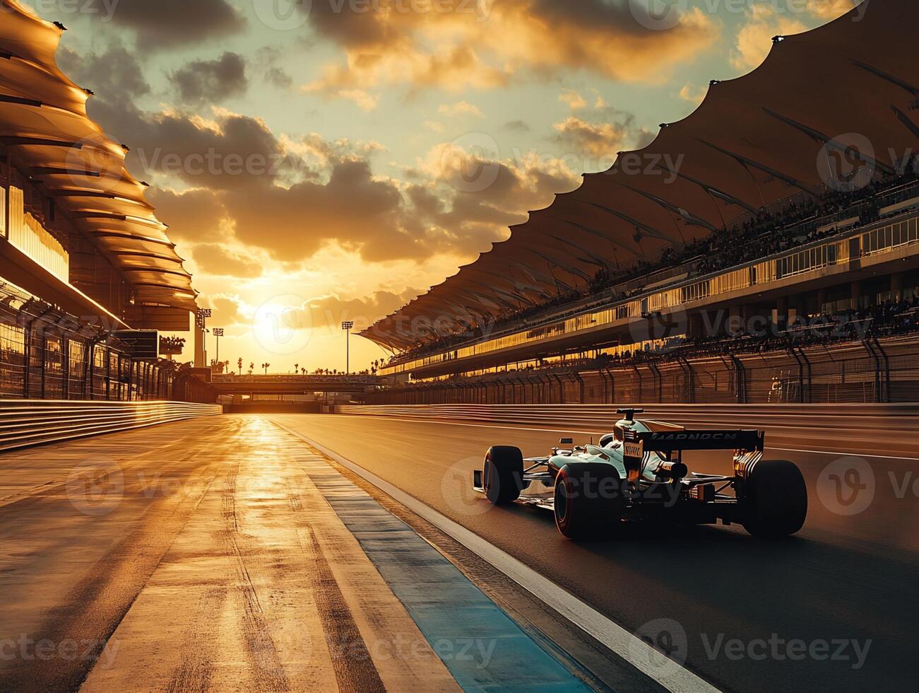 1301x980 Formula 1 Car on Track at Sunset