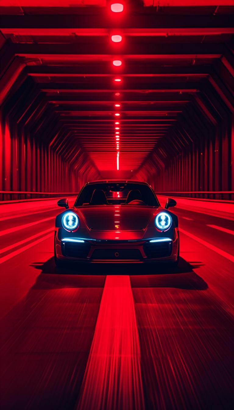 768x1344 Sleek Dark Porsche 911 in Dramatic Red Tunnel Scene Mobile Wallpaper
