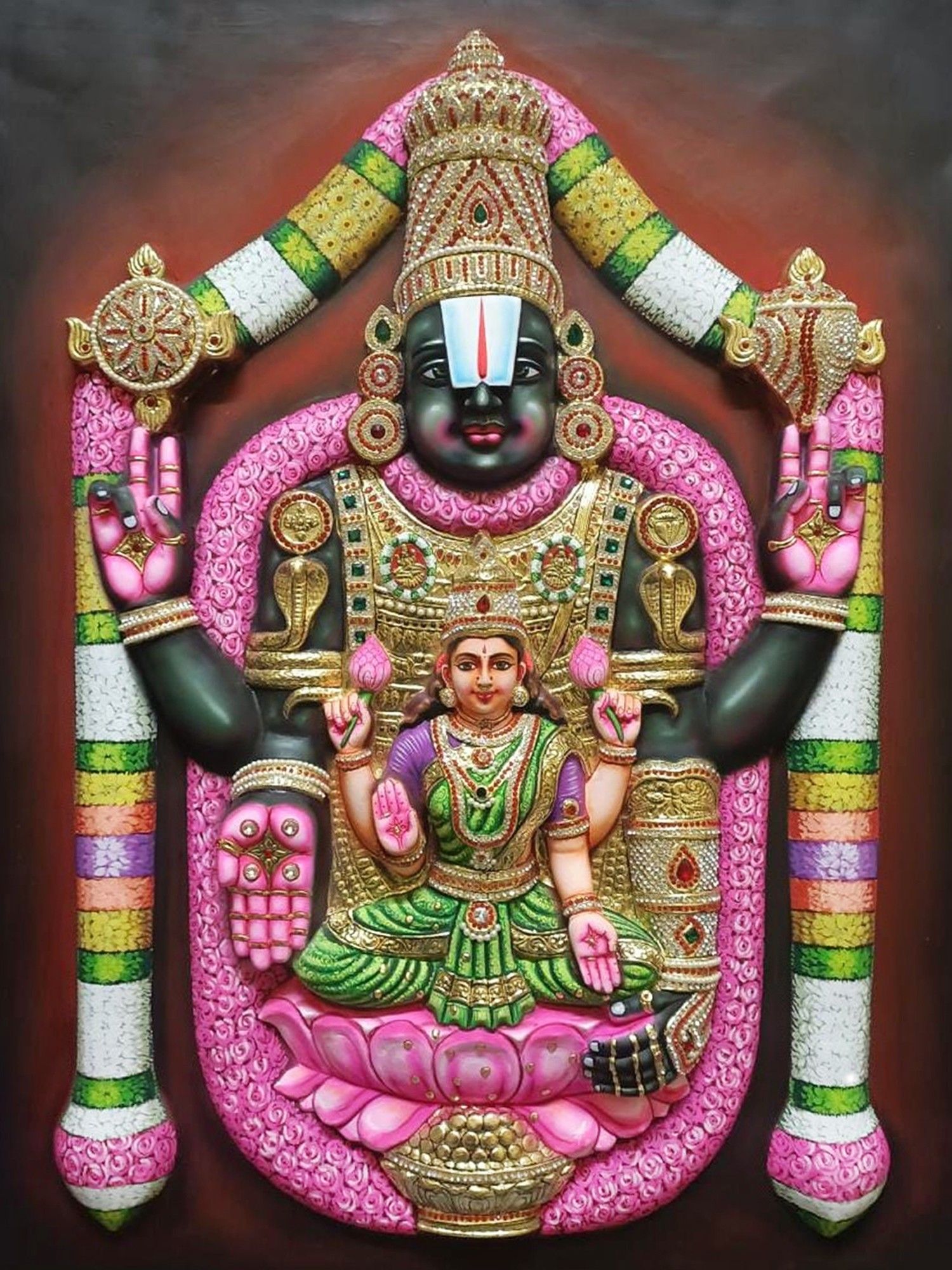 1500x2000 Tirupati Balaji (Venkateshvara) with Goddess Lakshmi. Tanjore Painting With Frame. Super Embossed 3D Face Work