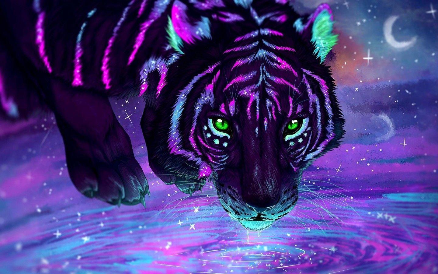 1440x900 Download 1440x900 Tiger, Purple, Digital Art, Green Eyes Wallpaper for MacBook Pro 15 inch, MacBook Air 13 inch