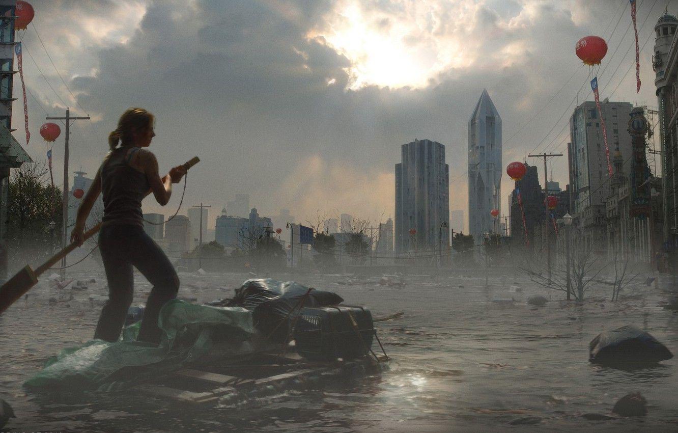 1332x850 Wallpaper the sky, water, girl, the city, building, the raft
