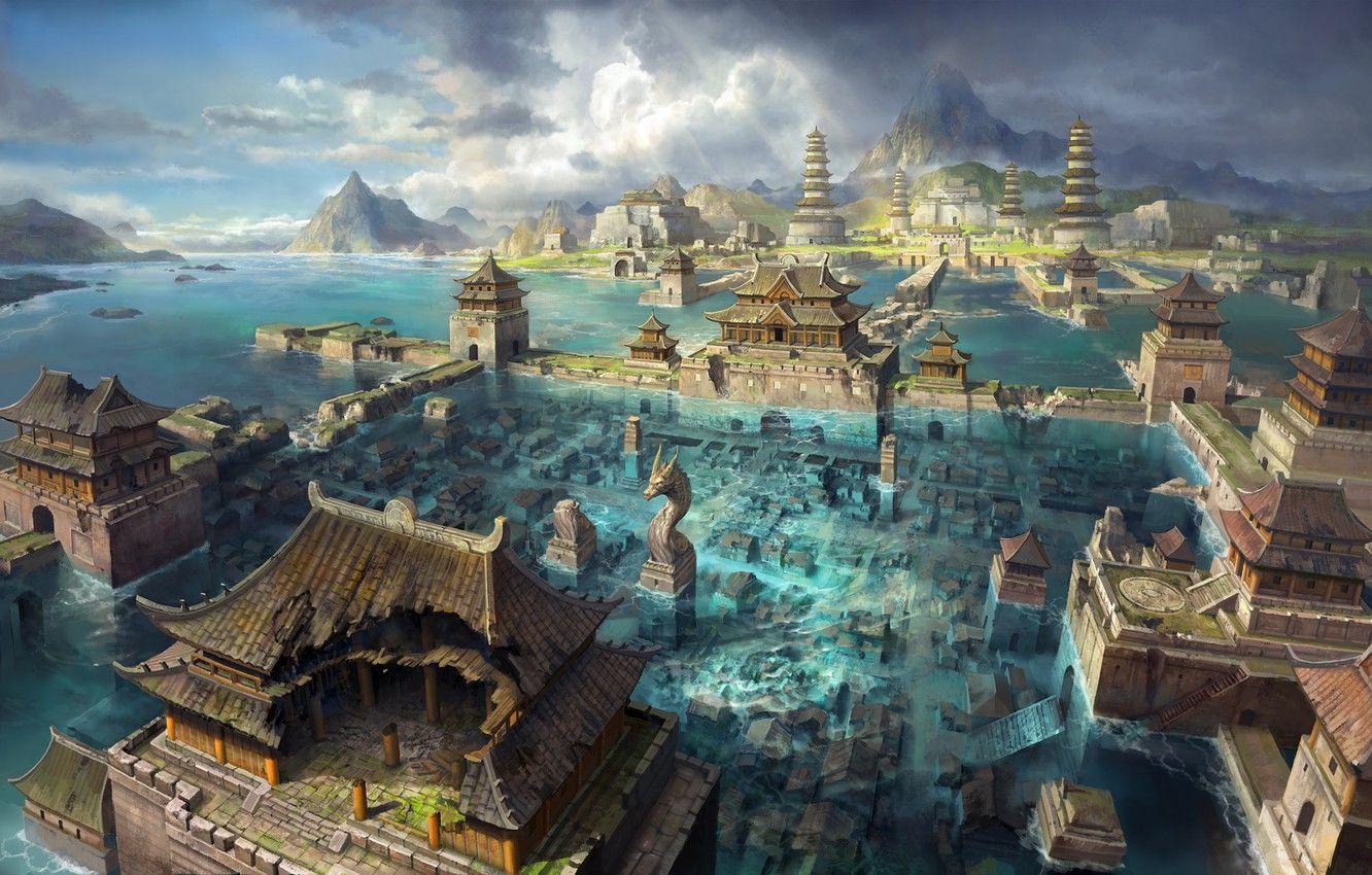 1332x850 Wallpaper Asia, mountains, art, flooding, the city, sea, water