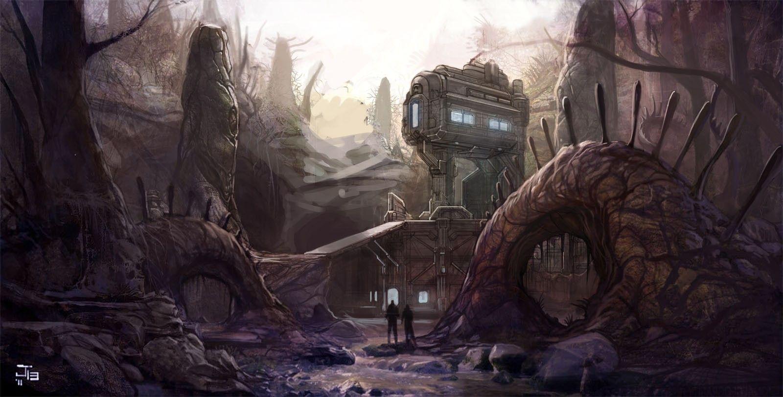 1600x812 video games, landscapes, trees, Halo, people, Microsoft, digital art, concept art, artwork, flood, Halo 343 Industries wallpaper