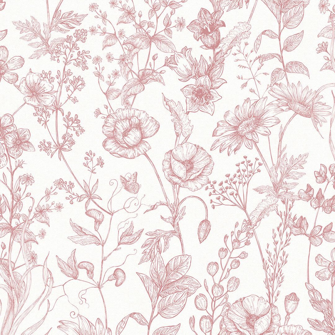 1080x1080 Lucie Annabel Sketched Meadow Wallpaper in Dusky Pink on White