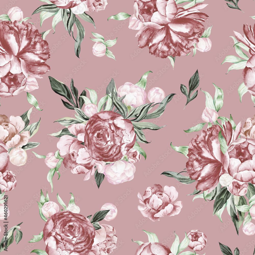 1000x1000 Watercolor dusty pink floral seamless pattern for fabric. Watercolor peonies pattern on pink background repeat floral background for apparel, nursery, wallpaper, wrapping paper, home decor Stock Illustration