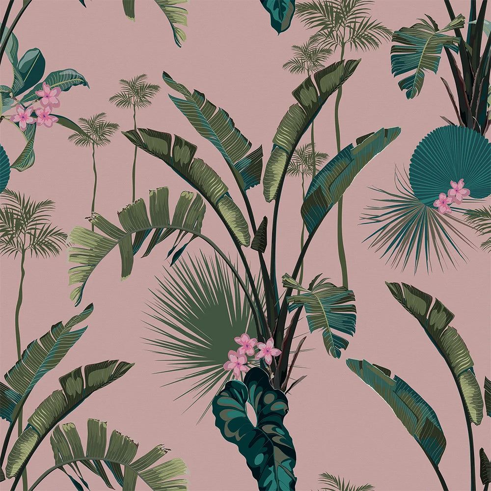 1000x1000 Tropical Paradise Wallpaper in Dusky Pink
