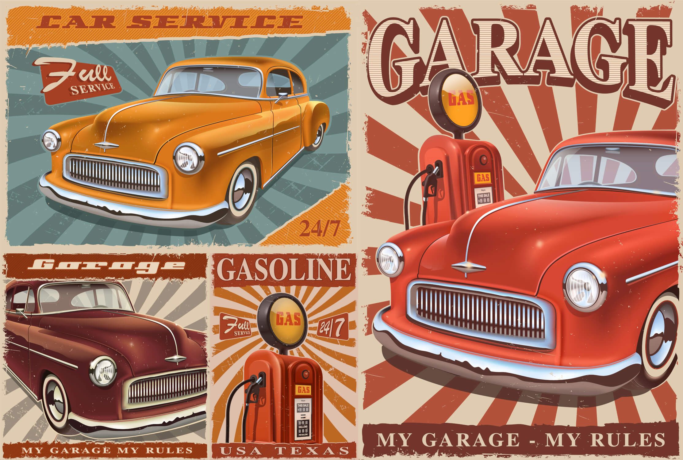 2227x1500 Vintage Car Mural Wallpaper. Retro American Garage Design