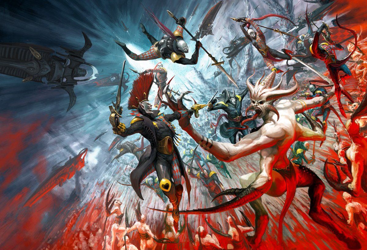 1200x817 Harlequins, Aeldari Warriors Versus Keeper of Secrets, Greater Daemon of Slaanesh Warhammer 40k Art Artist: Tze Kun Chin