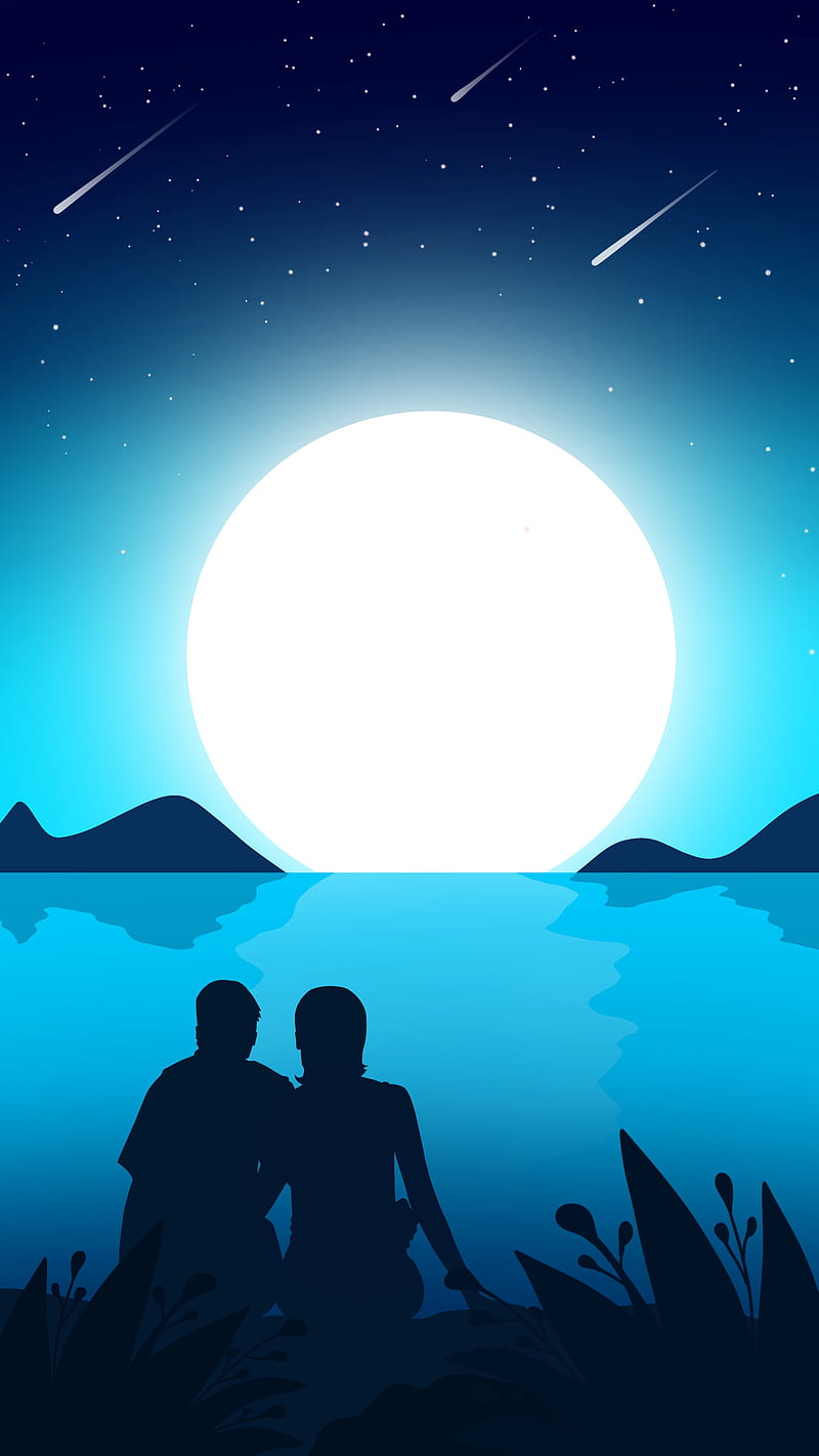 800x1422 Couples Love, lovely, lovers, moon, night, sky, stars, watching, HD phone wallpaper
