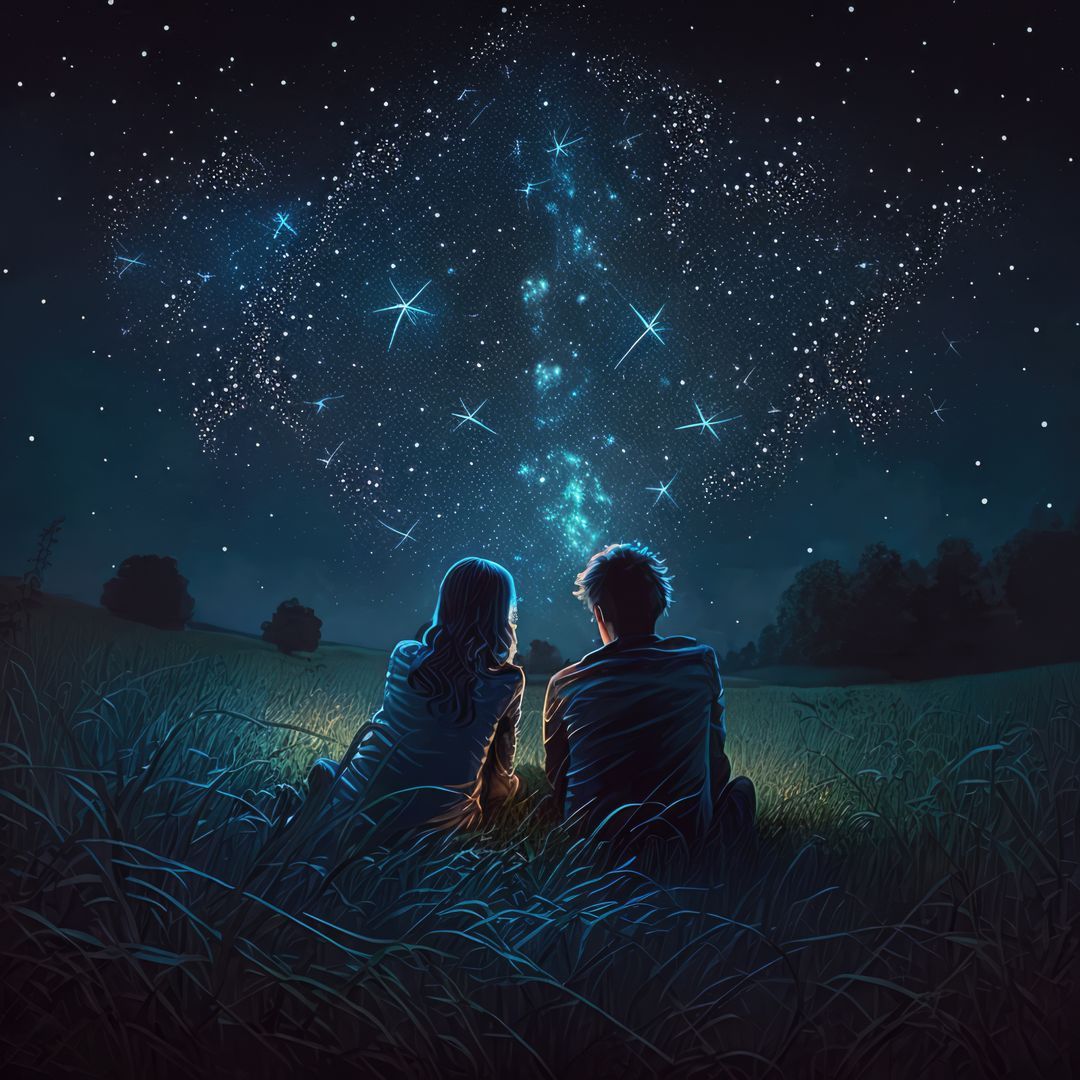 1080x1080 Couple Stargazing in Night Field with Illuminated Sky Stock Image