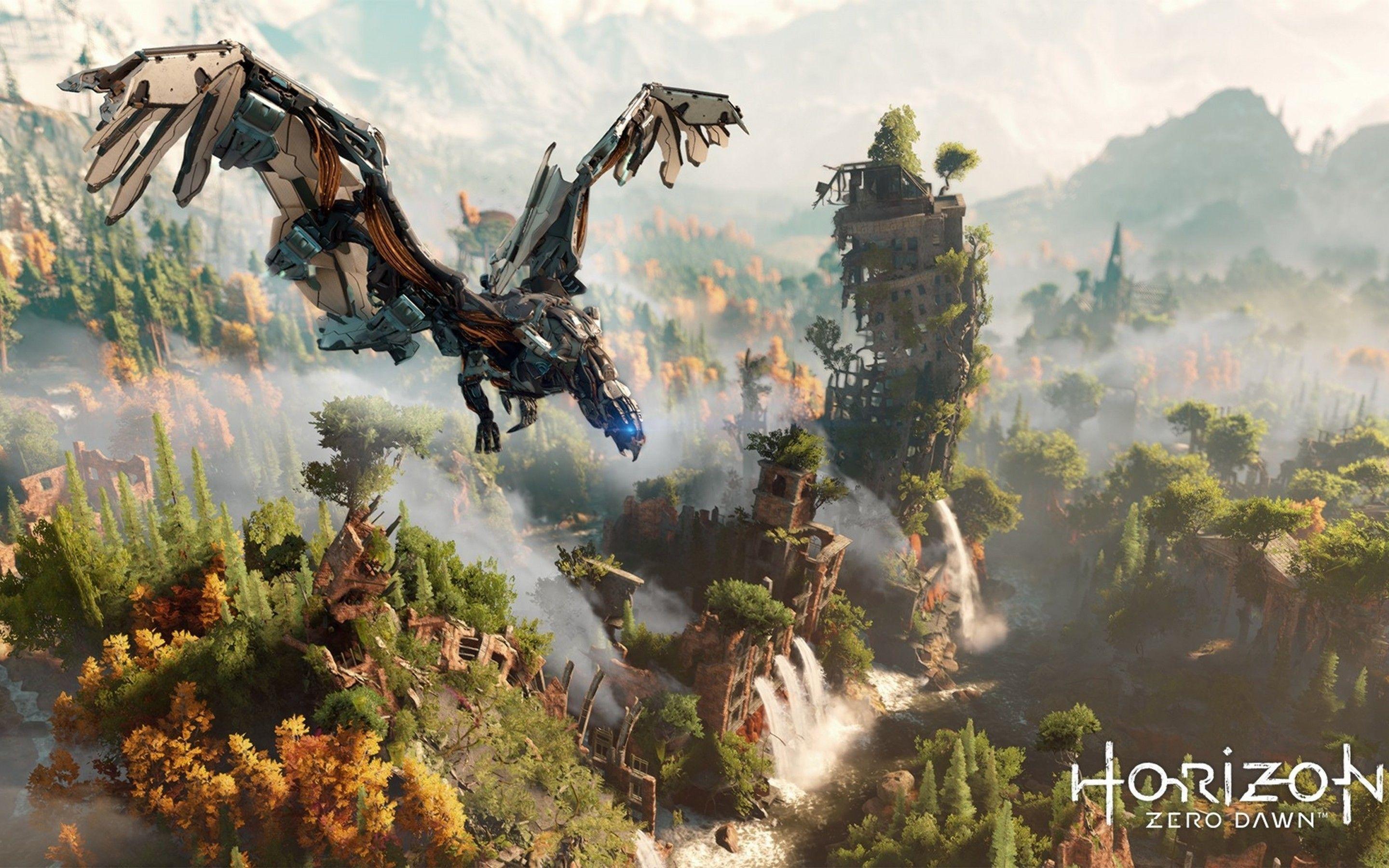2880x1800 Download 2880x1800 Horizon Zero Dawn, Waterfall, Flying Monster