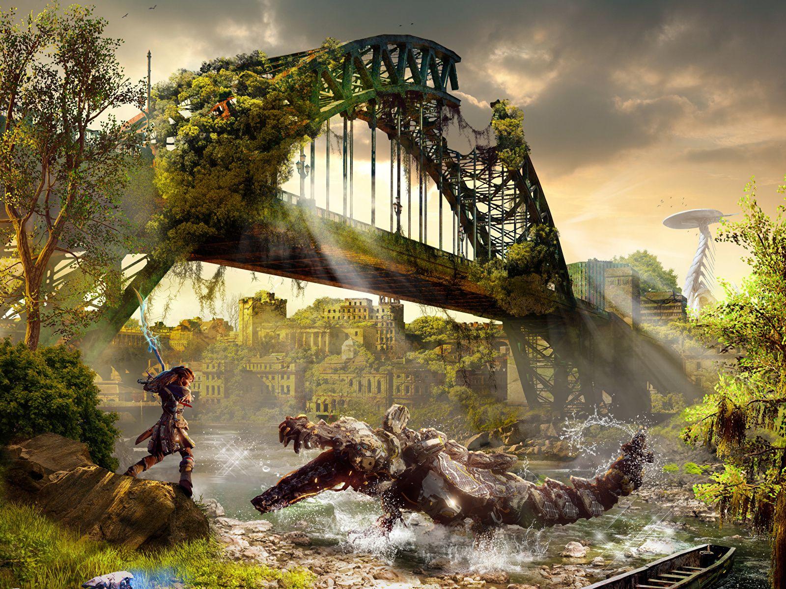 1600x1200 Picture Horizon Zero Dawn monster Warriors bridge Fantasy 1600x1200