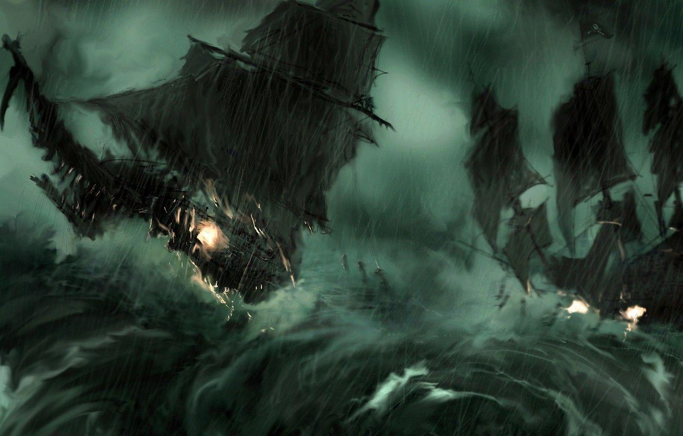 1332x850 Wallpaper storm, fire, twilight, sails, pirates, shipwreck